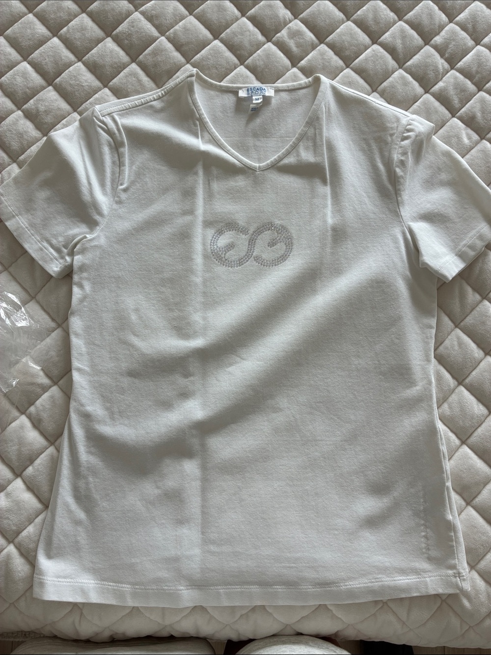 Escada White Short Sleeve V-Neck Tee with Crystal Logo